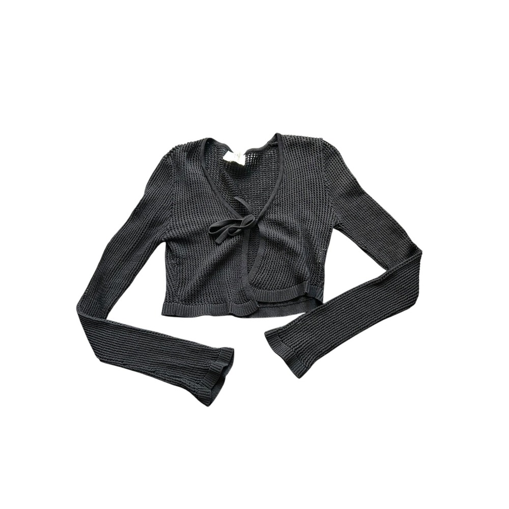 DISSH Black Open Knit Tie Front Cropped Cardigan Mesh Sweater Long Sleeve Size M